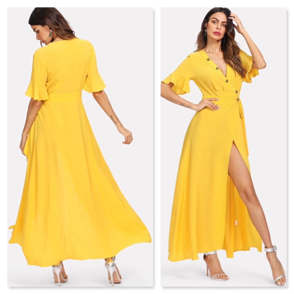 Button Up V-Neck Maxi Wrap Dress Side Tie Yellow - Picture 3 of 8